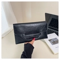 Sleek black envelope clutch wallet in oily leather texture with a handy front handle strap - Black