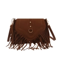 Vintage bohemian brown faux suede shoulder bag with long fringes and metallic rivets - Brown