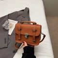 Vintage brown leather crossbody bag with dual belt straps and top handle for women - Brown