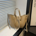 Khaki lychee grain leather tote bag with double handles and metal rivet accents - Khaki