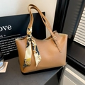 Brown vintage tote bag with patterned silk ribbon and adjustable shoulder strap - Brown