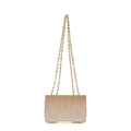 Champagne gold velvet shoulder bag with vertical quilting and metal chain straps - Khaki