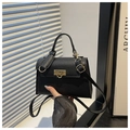 Detail of black pebbled leather handbag featuring a gold twist lock and metal hardware - Black