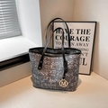 Fashionable pixelated woven tote bag in grey with black leather shoulder straps - Black