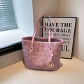 Pink checkered tote bag for women with golden M charm and textured finish - Pink