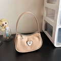Elegante borsa a mezzaluna beige con cuore di strass e dettaglio con fiocco d'oro - Cachi