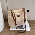 Minimalist beige plush shoulder bag with brown leather straps and square logo patch - Khaki