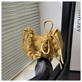 Detail of yellow corduroy handbag with black bow prints and ruffled handle design - Yellow
