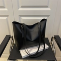 Minimalist large black tote bag with long shoulder straps and letter print detail - Black