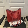 Minimalist large capacity tote bag in vibrant red leather with Fashion & Bags text - Red