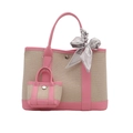 Borsa tote in tela beige e rosa con finiture in pelle e sciarpa di seta decorativa - Rosa