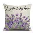 Linen pillowcase with lavender floral pattern and Love Lives Here printed text - Off-White Lavender Letter Style (YMS27-7)