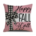 Roze kussenhoes met Happy Fall Y'all tekst en geruite strik voor herfstdecoratie - Roze Achtergrond Strik Letters Stijl (YMG10-2)