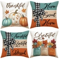 Set di quattro federe per cuscini in lino con zucche e foglie d'acero autunnali - Set di 4 Citazioni Autunnali del Ringraziamento (YMF8-1) / 45x45cm