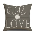 Square taupe linen pillow cover with white hello LOVE text and a small daisy icon - Taupe Letter Daisy Style (YMS28-1)
