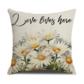 Linen square pillow cover with daisy print and Love lives here text on white background - Off-White Daisy Letter Style (YMS28-2)