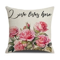 Linen pillow cover with pink rose bouquet and Love Lives Here text for home decor - Off-White Rose Letter Style (YMS29-2)