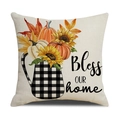 Linen pumpkin sunflower pillow cover with buffalo plaid kettle and Bless OUR home text - Bless OUR home Style (YMF3-1) / 45x45cm(Case Only)
