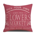 Minimalist red-pink linen pillowcase featuring white vintage Flowers Market text print - Carmine Flowers Market Style (YMS29-4)
