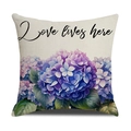 Linen decorative pillowcase featuring blue hydrangea print and 'Love lives here' text - Hydrangea Letter Style (YMS30-5)