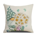 Linen decorative pillowcase featuring a spring gnome and white daisy floral print - Cream Green Polka Dot Hat Gnome Holding Flowers (YMS45-5)