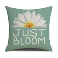 Square linen pillowcase in sage green featuring a daisy and JUST BLOOM text - Sage Green JUST BLOOM Pattern (YMS45-6)