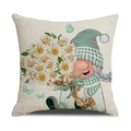 Linen pillow cover with gnome holding daisies and mint green hat, square decorative case - Cream Mint Green Plaid Hat Gnome Holding Flowers (YMS45-8)