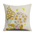 Square linen pillow cover with garden gnome, white daisies, and yellow butterflies print - Cream Yellow Polka Dot Hat Gnome Holding Daisies (YMS45-9)