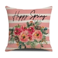 Coussin en lin avec rayures roses, motifs floraux et texte Happy Spring - 45*45cm (Housse de coussin uniquement) / Style Rayure Rose et Pomme de Pin (YMS42-5)