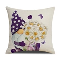 Linen throw pillow cover featuring a cute gnome with purple polka dot hat and daisies - Cream Purple Polka Dot Hat Gnome Holding Daisies (YMS45-15)