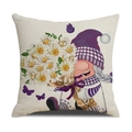 Linen throw pillow cover featuring a cute garden gnome holding white daisies and butterflies - Cream Purple Plaid Hat Gnome Holding Daisies (YMS45-16)