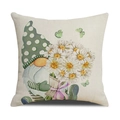 Linen square pillowcase with gnome and yellow daisies pattern on a beige background - Cream Green Polka Dot Hat Gnome Holding Daisies (YMS45-17)