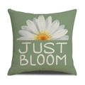Sage green linen pillow cover featuring a white daisy and 'JUST BLOOM' typography - Sage Green Half Daisy JUST BLOOM (YMS45-18)