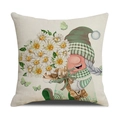 Linen square pillowcase featuring a cute gnome holding white daisies with green butterflies - Cream Green Plaid Hat Gnome Holding Daisies (YMS45-20)