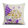Square linen pillowcase featuring purple gnome and white daisies on beige fabric - Cream Purple Polka Dot Hat Gnome Holding Daisies Illustration (YMS45-21)