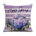 Housse de coussin en lin avec hortensias violets et texte Happy Spring sur rayures - 45*45cm (Housse de coussin uniquement) / Style d'hortensia à rayures horizontales violettes et blanches (YMS42-17)