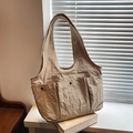 Bolso tote grande caqui plisado con múltiples bolsillos y correa ancha de hombro - Caqui
