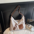 Bolso tote de lona crema con ribetes y correas de hombro de cuero marrón casual - Blanco Roto