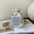 Elegant white snake-print box bag with pearl handle and golden chain shoulder strap - White
