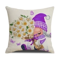 Linen pillow cover with purple gnome holding white daisies and butterfly decoration - Cream Purple Plaid Hat Gardening Gnome Holding Daisies (YMS45-24)