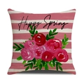 Housse de coussin en lin à rayures roses avec roses et texte Happy Spring - 45*45cm (Housse de coussin uniquement) / Style Rose Rouge à Rayures Roses et Blanches (YMS42-21)