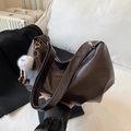 Dark brown pleated faux leather crossbody bag with cute monster doll plush keychain - Without Pendant / Coffee