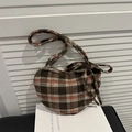 Retro burgundy plaid heart-shaped tote bag with ribbon bow and long shoulder strap - Brown