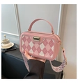 Detailed shot of pink plaid pattern PU leather handbag with wide woven shoulder strap - Pink