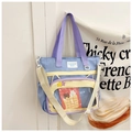 Détail du sac cabas oreilles de chat multicolore avec poche PVC et cartes de dessins - Bleu