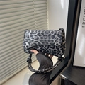 Chic grey leopard print underarm bag with wavy flap and round knot handle detail - Black