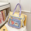 Pastel canvas school tote bag with clear PVC cat ear window and crossbody strap - Yellow