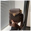 Detail of vintage square crossbody bag with brown pattern and gold heart charm - Coffee