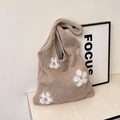 Retro khaki knit tote bag with white daisy floral crochet pattern for women - Khaki