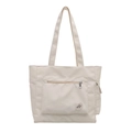 Minimalist beige tote bag with a front zipper pocket and good luck label for daily commute - White